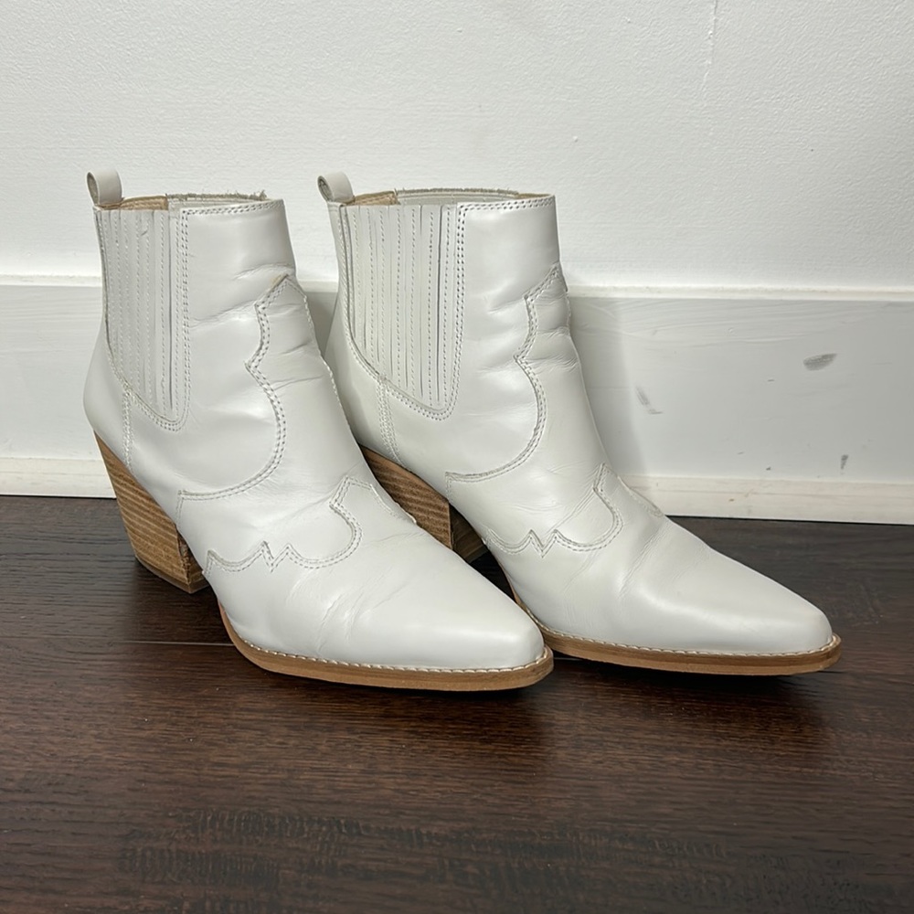 Women's White Leather Western Ankle Boots